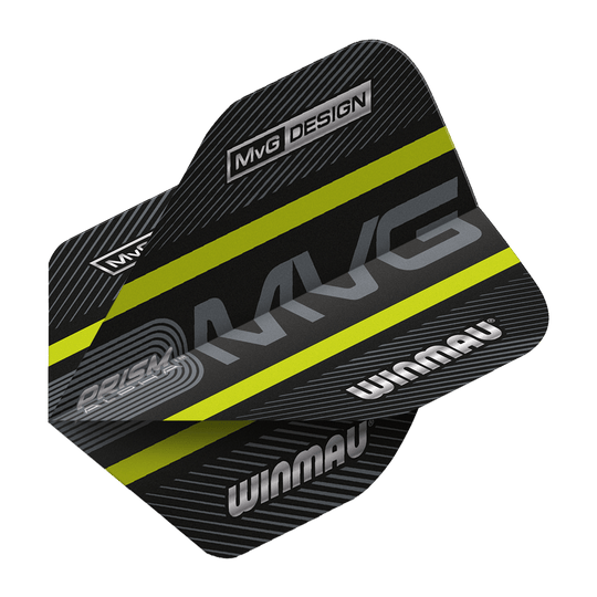 6915-188_Winmau_Prism_Alpha_MvG_Green_Standard_Flights_2 Das Bild zeigt das Produkt "Winmau Prism Alpha MvG Green Standard Flights". Die Flights sind schwarz mit grünen und gelben Akzenten und tragen das Winmau-Logo sowie die Aufschrift "MvG DESIGN".