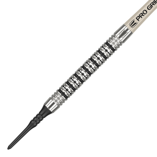 Fléchettes souples Target EXO 11 Das Bild zeigt den Target EXO 11 Softdart. Der Dart hat eine silberne, gerillte Griffzone und eine schwarze Kunststoffspitze.