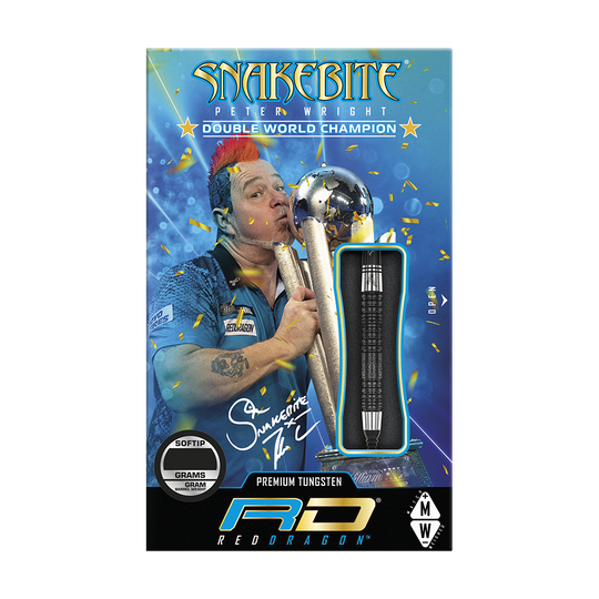 Die Verpackung zeigt die "Red Dragon Peter Wright Double World Champion SE Black Softdarts - 20g" mit einem Bild von Peter Wright und seinem Weltmeistertitel. Ein Dartpfeil ist durch ein Sichtfenster sichtbar dargestellt.