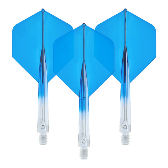 Unicorn Forge Two Tone No2 Standard Flights in Klar Blau, Medium, als Set dargestellt. Sie eignen sich zum Auswechseln für Dartpfeile.