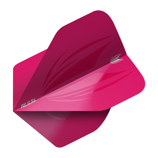 Das Bild zeigt ein pinkes Dartflight-Set mit dem Namen "Target ProUltra ID Pink No2 Standard Flights". Das Flight besitzt eine glänzende Oberfläche mit leichten grafischen Akzenten und dem Pro Ultra-Aufdruck.