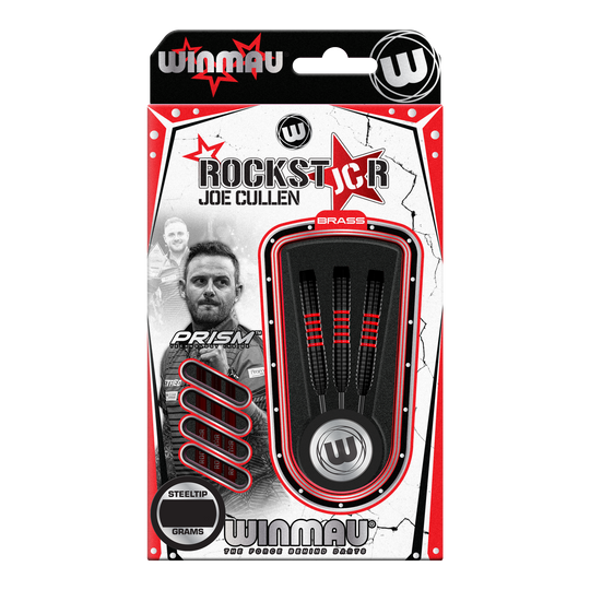 Fléchettes en acier Winmau Joe Cullen en laiton - 20 g Das Bild zeigt die Verpackung der "Winmau Joe Cullen Brass Steeldarts - 20g". In der Verpackung sind drei schwarze Steeldarts mit roten Akzenten zu sehen.
