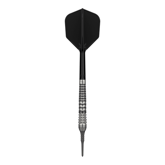 Fléchettes souples Target Japan Black Marque Renegade 4 - 19 g Das Bild zeigt einen schwarzen Softdart namens "Target Japan Black Marque Renegade 4" mit einem Gewicht von 19g. Der Dart hat ein elegantes Design mit einem strukturierten Griff und schwarzer Spitze sowie schwarzem Flight.