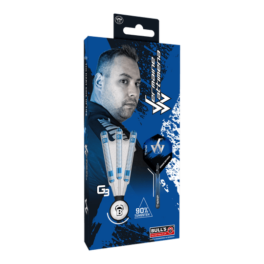 Fléchettes en acier Bulls Jermaine Wattimena Génération 3 Die Verpackung zeigt die Bulls Jermaine Wattimena Generation 3 Steeldarts mit 90% Tungsten. Auf der Vorderseite ist ein Bild von Jermaine Wattimena und die drei Darts abgebildet.