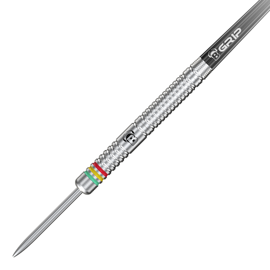 Fléchettes en acier Bulls Martijn Dragt - 24 g Das Bild zeigt einen silbernen Steeldart mit Rillen und bunten Ringen nahe der Spitze. Auf dem Dart steht "B GRIP" und es handelt sich um das Modell "Bulls Martijn Dragt Steeldarts - 24g".