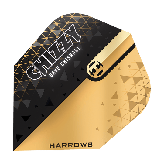 Harrows Prime Dave Chisnall Chizzy 2 No. 6 Flights Das Bild zeigt ein Dartflight-Design in Schwarz und Gold mit geometrischen Mustern. Auf dem Flight stehen die Namen "CHIZZY", "Dave Chisnall" und "HARROWS".