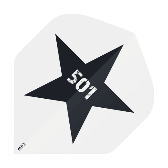 MD-401-4SLog_4-seitig_Bedruckte_Flights_Logo_MDX_3 Das Bild zeigt einen schwarzen Stern auf weißem Hintergrund mit der Zahl "501" in der Mitte. In der unteren linken Ecke steht klein der Schriftzug "MDX".