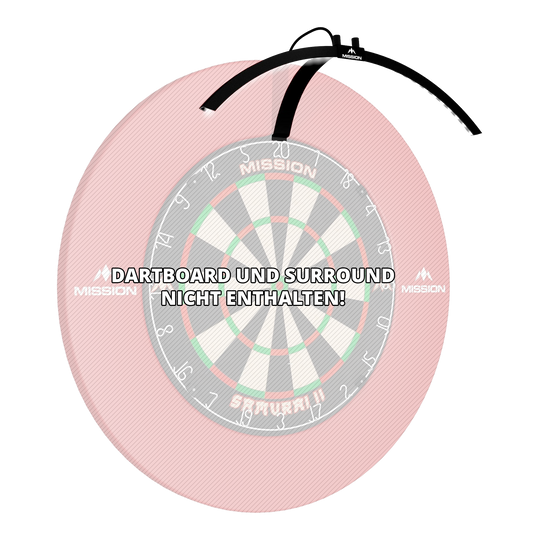 Éclairage LED pliable pour cible de fléchettes Mission Torus 100 Das Bild zeigt die faltbare LED Dartboard Beleuchtung "Mission Torus 100", die über einem Dartboard platziert ist. Ein Hinweis weist darauf hin, dass das Dartboard und das Surround nicht enthalten sind.