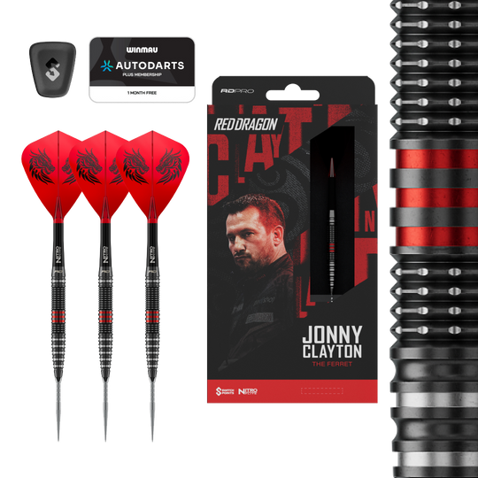 Fléchettes en acier Red Dragon Jonny Clayton RD-PRO Switch Point Dieses Bild zeigt die Red Dragon Jonny Clayton RD-PRO Switch Point Steeldarts. Die Darts liegen auf einem hellen Hintergrund.