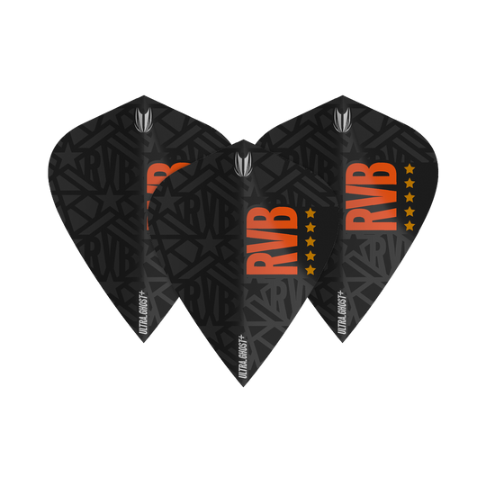 Vols de cerf-volant Target UltraGhost Raymond Van Barneveld GEN2 Das Bild zeigt drei schwarze Dartflights mit dem Schriftzug "RVB" in orange und einem Muster im Hintergrund. Die Flights tragen zusätzlich die Aufschrift "ULTRA GHOST+" und sind mit fünf Sternen versehen.