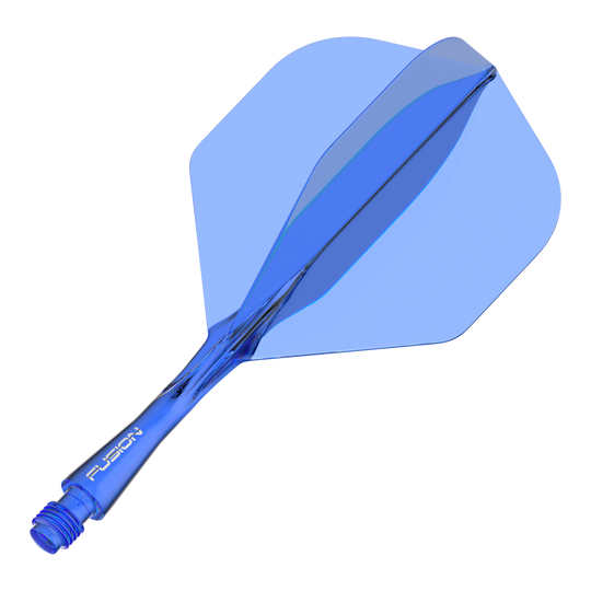 Système d'arbre de vol Winmau Fusion Standard Bleu Das Bild zeigt ein blaues Dart-Flightsystem mit integriertem Schaft. Auf dem Schaft steht das Wort "FUSION".
