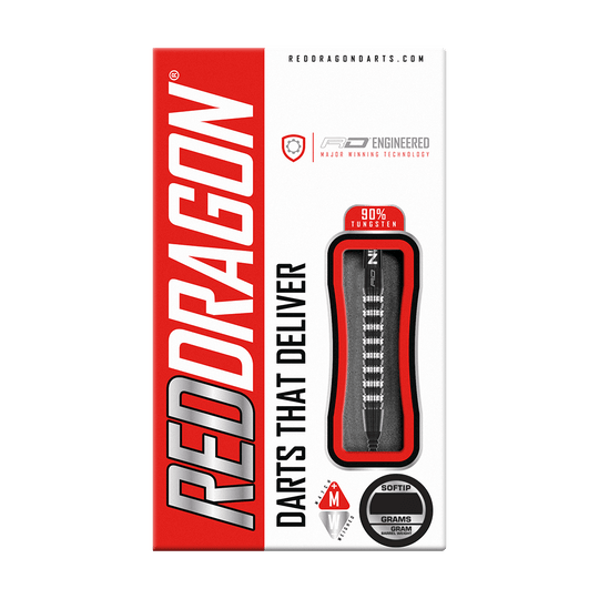 Auf dem Bild ist die Verpackung der "Red Dragon Razor Edge Elite Softdarts - 20g" zu sehen. Die Verpackung ist rot-weiß gestaltet und zeigt einen Softdart mit dem Hinweis auf 90% Tungsten.