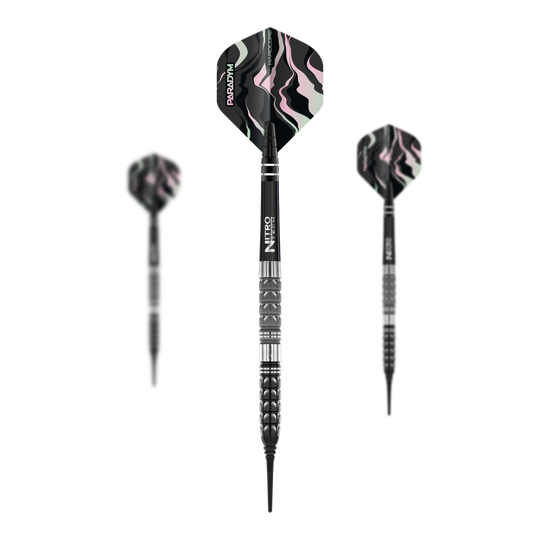 Fléchettes souples coniques Red Dragon Paradym - 20 g Das Bild zeigt drei Red Dragon Paradym Tapered Softdarts mit einem Gewicht von 20g. Die Flügel der Darts haben ein auffälliges schwarzes, pinkes und weißes Muster.