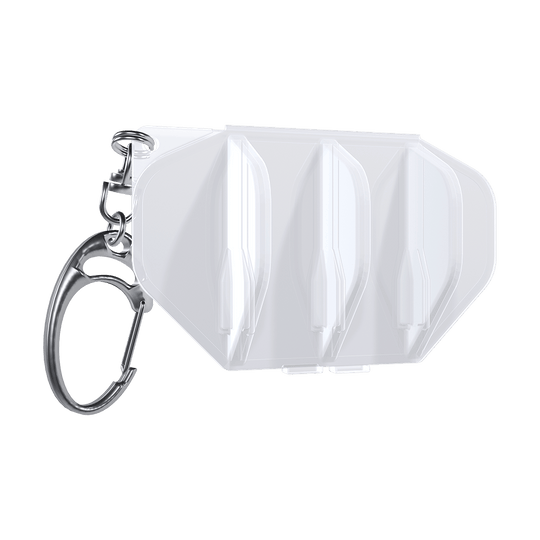 LSF1_L-Style_L-Case_Flightcase_Weiss_1 Das Bild zeigt ein weißes Flightcase mit drei Fächern für Dartflights. An der Seite befindet sich ein silberner Schlüsselring zur Befestigung.