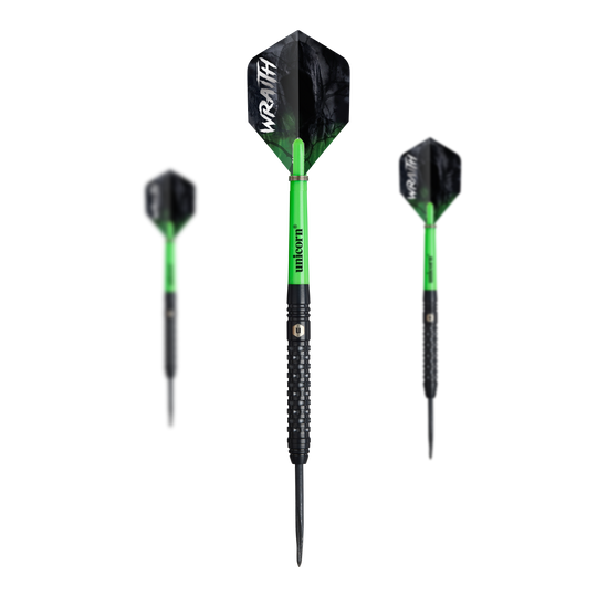 Fléchettes en acier Unicorn Wraith Auf dem Bild sind drei Unicorn Wraith Steeldarts zu sehen. Die Darts haben schwarze Spitzen, grüne Schäfte und schwarze Flights mit der Aufschrift "WRAITH".