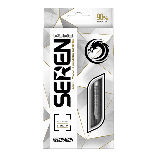 Red Dragon Seren 4 fléchettes en acier pur Die Verpackung zeigt die „Red Dragon Seren 4 Pure Steeldarts“. Die Darts bestehen zu 90 % aus Tungsten und haben eine Stahlspitze.