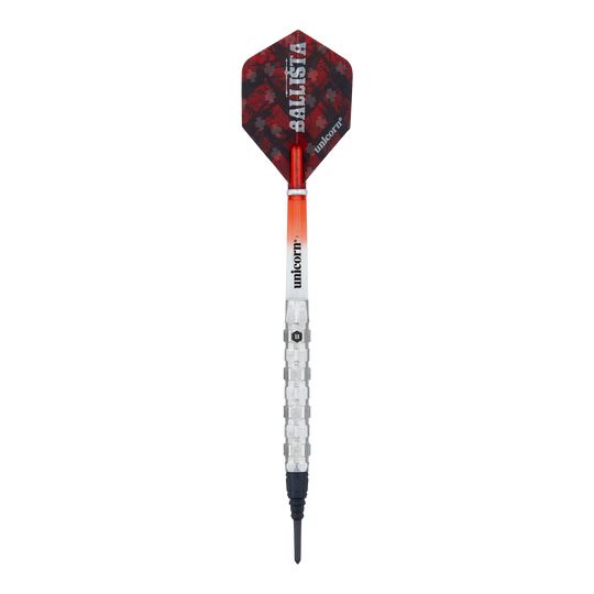 Fléchettes souples Unicorn Ballista Style 1 Das Bild zeigt einen Softdartpfeil des Produkts "Unicorn Ballista Style 1 Softdarts". Der Pfeil hat einen silbernen Schaft, eine schwarze Spitze und ein rot-schwarzes Flight mit der Aufschrift "BALLISTA".