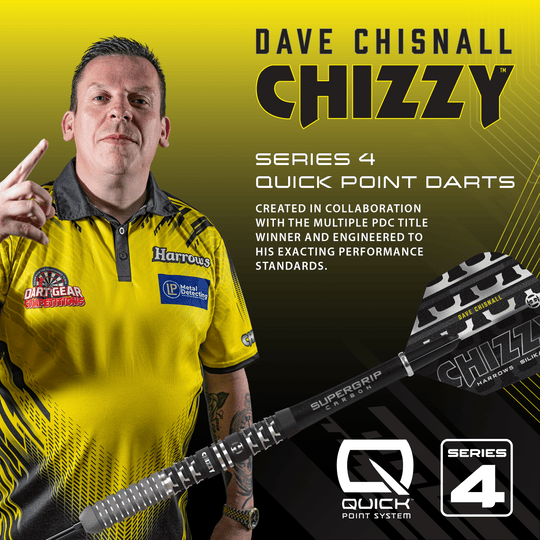 Fléchettes souples Dave Chisnall Chizzy Series 4 de Harrow Harrows Dave Chisnall Chizzy Series 4 Softdarts sind auf diesem Bild zu sehen. Das Produkt ist ein spezieller Softdart für Dartspieler.