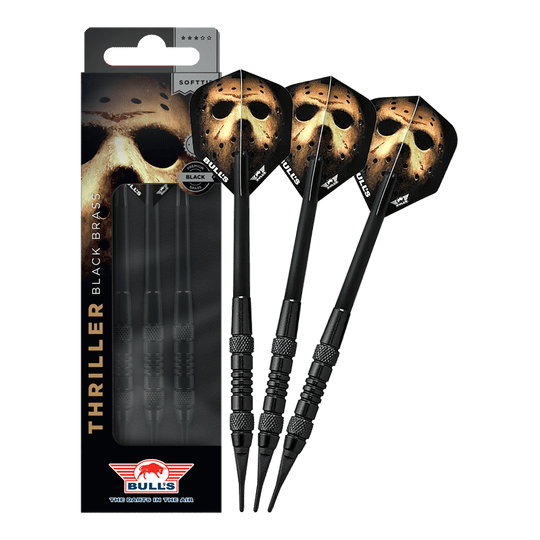 Fléchettes en laiton noir Bulls NL Thriller - 18 g Das Bild zeigt Bulls NL Thriller Black Brass Softdarts mit 18 Gramm. Diese Softdarts zeichnen sich durch ihre schwarze Optik aus.