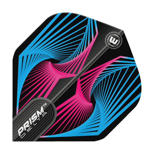 6915-239_Winmau_Prism_Delta_Spiral_BluePink_Standard_Flights_1euZyBqdmvAErl Dieses Bild zeigt das Produkt "Winmau Prism Delta Spiral BluePink Standard Flight". Das Design ist schwarz mit auffälligen blauen und pinken Spiralmustern.