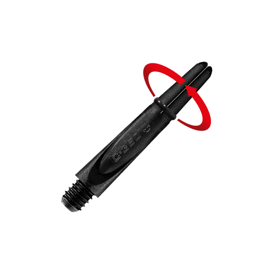 HR458_Harrows_Carbon_360_Shafts_Schwarz_35mm_2_Symbol Das Bild zeigt einen schwarzen Dart-Schaft mit einer drehenden roten Pfeilmarkierung. Der Schaft hat die Aufschrift „C-360“ und ein Gewinde am unteren Ende.