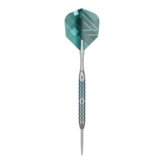 Fléchettes en acier Target Rove 01 Swiss Point Das Bild zeigt den Target Rove 01 Swiss Point Steeldart. Der Dart hat ein silbernes Barrel mit einem blauen Muster und grüne Flights.