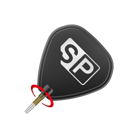 Pointes de fléchettes Target Swiss Point Gold Das Bild zeigt eine schwarze Dart-Flügel mit den weißen Buchstaben "SP" darauf. Unten ist eine goldene Dartspitze mit einem roten Pfeil, der eine Drehbewegung anzeigt.