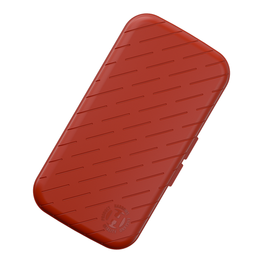 Étui à fléchettes Harrows Slimcase Dies ist ein schlankes, rotes Etui mit einem diagonalen Linienmuster auf der Oberfläche. In einer Ecke befindet sich ein geprägtes Logo von Harrows.