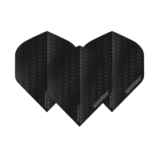6915-200_Winmau_Prism_Delta_6915-200_Standard_Flights_1 Das Bild zeigt drei schwarze Dartflights des Modells "Winmau Prism Delta 6915.200 Standard". Auf den Flights ist ein Muster sowie das Winmau-Logo zu sehen.