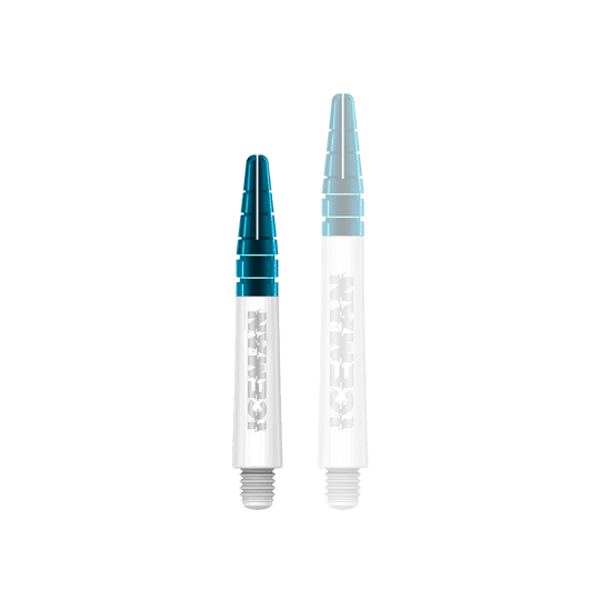 C634_Red_Dragon_Nitrotech_Gerwyn_Price_Shafts_White_36mm_12TYRP2KHfEavg Das Bild zeigt zwei weiße Dartschäfte mit blauen Spitzen. Auf den Schäften steht das Wort "ICEMAN" in großen Buchstaben.