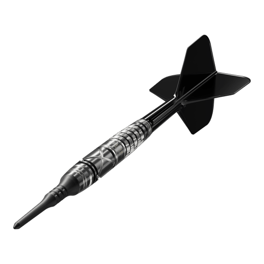 Fléchettes souples Target Japan Black Marque Chaos 2 - 19 g Das Bild zeigt einen Target Japan Black Marque Chaos 2 Softdart mit einem Gewicht von 19 Gramm. Der Dartpfeil ist schwarz-silbern gestaltet und hat ein modernes, stilvolles Design.
