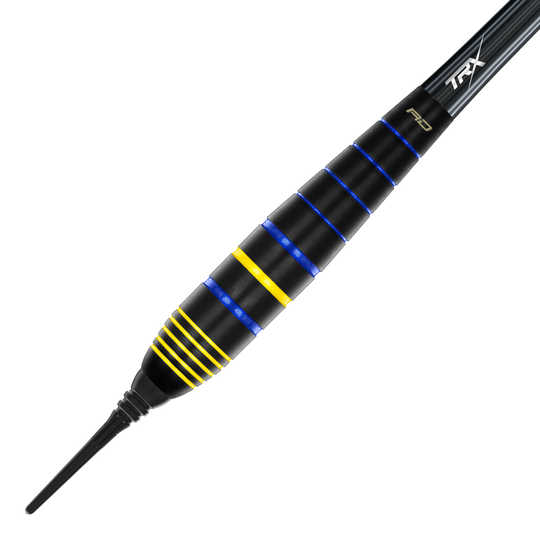 Fléchettes souples Red Dragon Luke Humphries, champion du monde, en laiton - 20 g Das Bild zeigt den Red Dragon Luke Humphries World Champion Brass Softdart mit einem Gewicht von 20g. Der Dart ist schwarz mit blauen und gelben Rillen verziert.