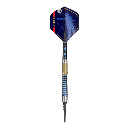 Fléchettes souples Target Josh Rock GEN1 - 20 g Das Bild zeigt einen Target Josh Rock GEN1 Softdart mit einem Gewicht von 20g. Der Dartpfeil hat ein modernes Design mit blauen und goldenen Akzenten.