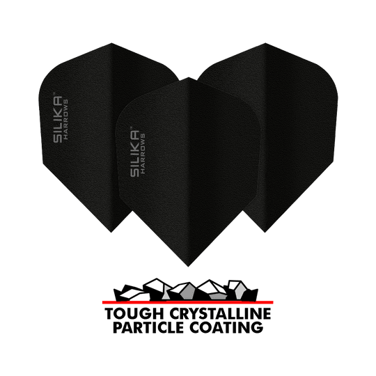 Harrows Silice Solide Revêtement Cristallin Résistant Noir No6 Flight Das Bild zeigt drei schwarze Dart-Flights der Marke Harrows Silika mit der Aufschrift "SILIKA HARROWS". Unter den Flights befindet sich ein Logo mit der Aufschrift "TOUGH CRYSTALLINE PARTICLE COATING".