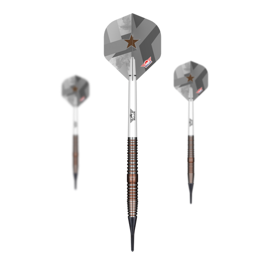 Fléchettes souples Bulls NL Max Hopp E5 - 20 g Das Bild zeigt die Bulls NL Max Hopp E5 Softdarts mit einem Gewicht von 20g. Diese Softdarts sind speziell für präzises Dartspiel entwickelt.
