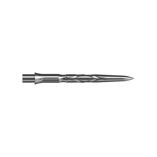 Pointes de fléchettes en acier Caliburn System - HAN G2 - Argent Auf dem Bild ist eine silberne Steeldartspitze mit einem spiralförmigen Muster zu sehen. Sie ist schmal und hat eine spitz zulaufende Form.