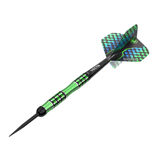 Fléchettes en acier Winmau Brendan Dolan Das Bild zeigt einen Winmau Brendan Dolan Steeldart. Der Dart hat ein auffälliges Design mit grünen und schwarzen Akzenten.