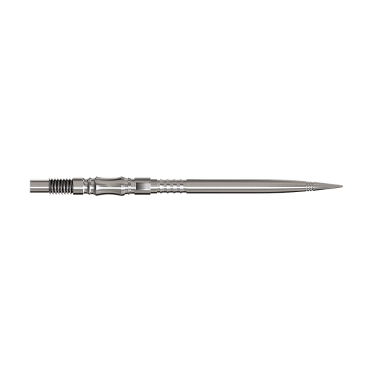Axis Silver Elite Serie Dartspitzen in 40mm Länge werden gezeigt. Sie sind silberfarben und fein gearbeitet.