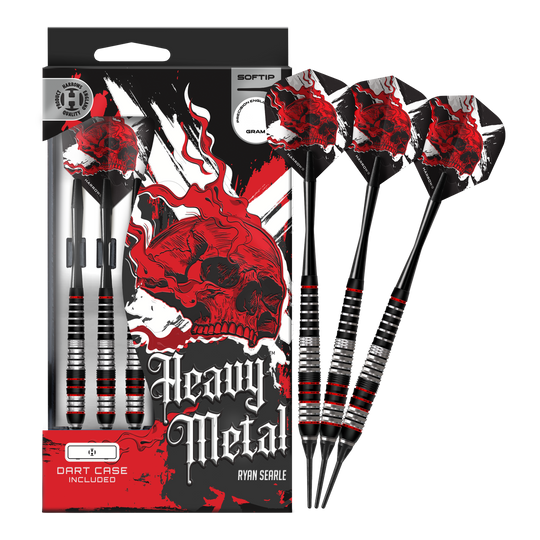 Das Foto zeigt die Harrows Heavy Metal Ryan Searle Brass Softdarts in voller Länge. Die Darts sind komplett abgebildet und liegen nebeneinander.