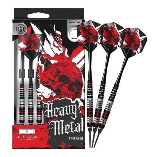Fléchettes souples en laiton Ryan Searle Harrows Heavy Metal Das Foto zeigt die Harrows Heavy Metal Ryan Searle Brass Softdarts in voller Länge. Die Darts sind komplett abgebildet und liegen nebeneinander.