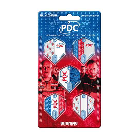 Collection de vols Winmau PDC Prism Das Bild zeigt die "Winmau PDC Prism Flight Collection", eine offizielle Sammlung von Dart-Flights. Die Verpackung ist blau-rot gestaltet und zeigt fünf verschiedene Flights sowie Bilder von Dartspielern.