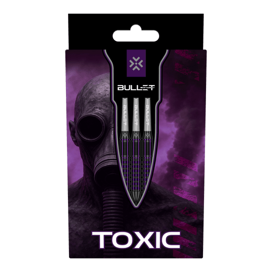 Fléchettes Bullet Toxic en laiton et acier - 23 g Das Bild zeigt drei Bullet Toxic Brass Steeldarts - 23g. Sie sind aus Messing gefertigt und wiegen jeweils 23 Gramm.
