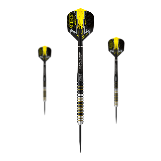 Dave Chisnall de Harrow, fléchettes en acier Chizzy Das Bild zeigt drei Steeldarts des Modells "Harrows Dave Chisnall Chizzy". Die Darts sind schwarz-gelb gestaltet und haben die Aufschrift "CHIZZY" auf den Flights.