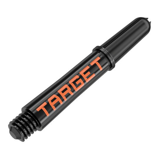Tiges Target Pro Grip TAG - 3 jeux - Noir Orange Das Bild zeigt einen schwarzen Dart-Schaft mit orangener Aufschrift "TARGET". Er hat ein Schraubgewinde an einem Ende und ist 34 mm lang.