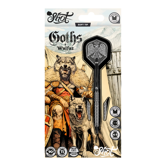 Fléchettes souples Shot Goths Wulfaz - 20 g Auf dem Bild sind die Shot Goths Wulfaz Softdarts mit 20g Gewicht zu sehen. Das moderne Design sorgt für ein optimales Dartspiel.