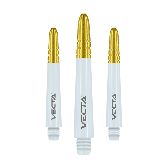 Das Bild zeigt drei Dartschafts mit weißen Körpern und goldfarbenen Spitzen. Auf jedem Schaft steht das Wort "VECTA".