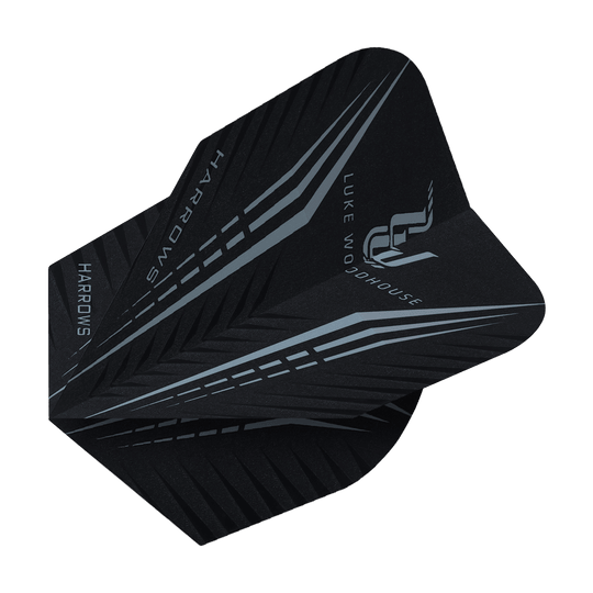 Das Bild zeigt ein schwarzes Dart-Flight mit silbernen Linien und dem Namen "Luke Woodhouse". Auf dem Flight steht außerdem die Marke "Harrows".