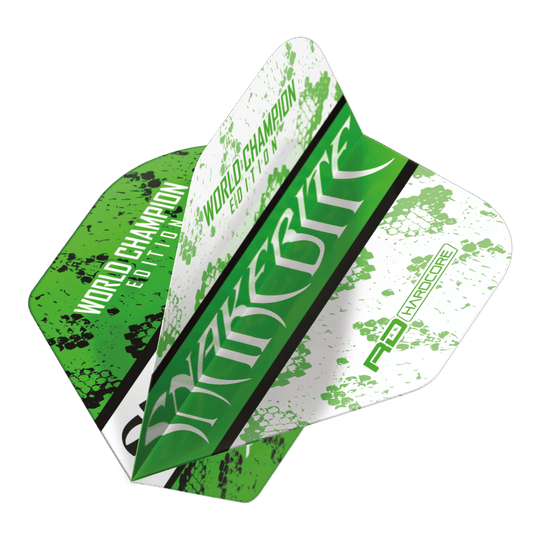 Dragon Rouge Peter Wright Morsure de Serpent Vert Blanc Yin Yang Vols Standard Das Bild zeigt ein Dart-Flight mit grün-weißem Design und dem Aufdruck "Snakebite" sowie "World Champion Edition". Es handelt sich um das Modell "Red Dragon Peter Wright Snakebite Green White Yin Yang Standard Flights".