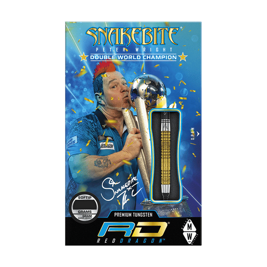 Fléchettes souples Red Dragon Peter Wright Double Champion du Monde SE Gold Plus - 20 g Das Bild zeigt die Verpackung der "Red Dragon Peter Wright Double World Champion SE Gold Plus Softdarts - 20g". Auf der Verpackung ist ein Bild von Peter Wright mit Pokal und einem goldfarbenen Dart abgebildet.
