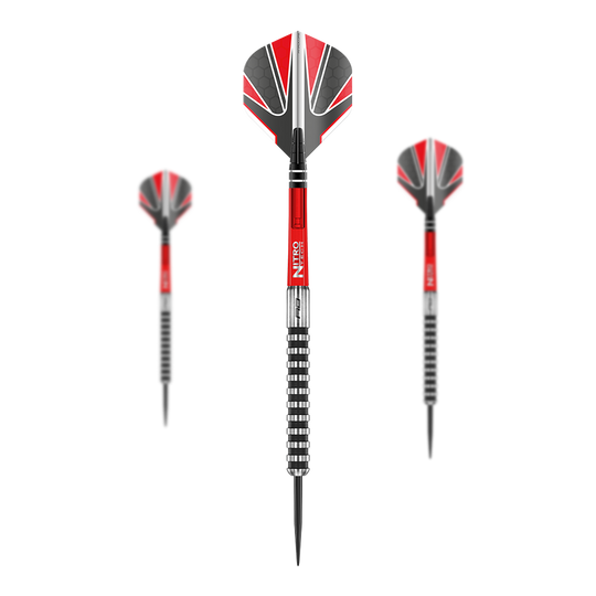 Fléchettes en acier noir Red Dragon Javelin Das Bild zeigt drei "Red Dragon Javelin Black Steeldarts" mit roten, schwarzen und silbernen Akzenten. Die Dartpfeile haben markante Flügel und eine geriffelte Griffzone.